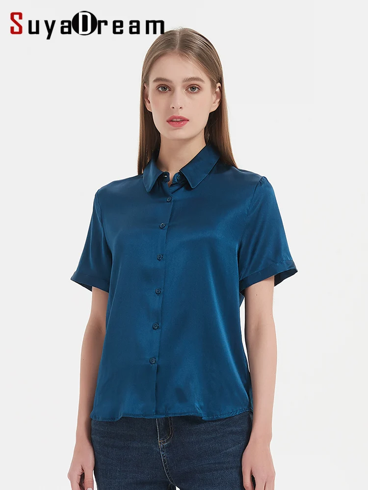 SuyaDream, Woman Solid Shirts, 95%Silk 5%Spandex, Short Sleeved, White Chic Blouses, 2025 Spring Summer Top, Navy, Black
