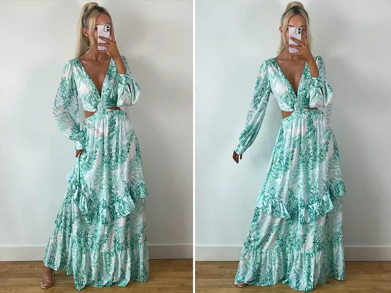 Sexy Hollow Out Maxi Dress Women 2022 Autumn Lantern Sleeve Party Club Tunic Beach Dress Bohemian V-Neck Backless Long Dresses denim dress