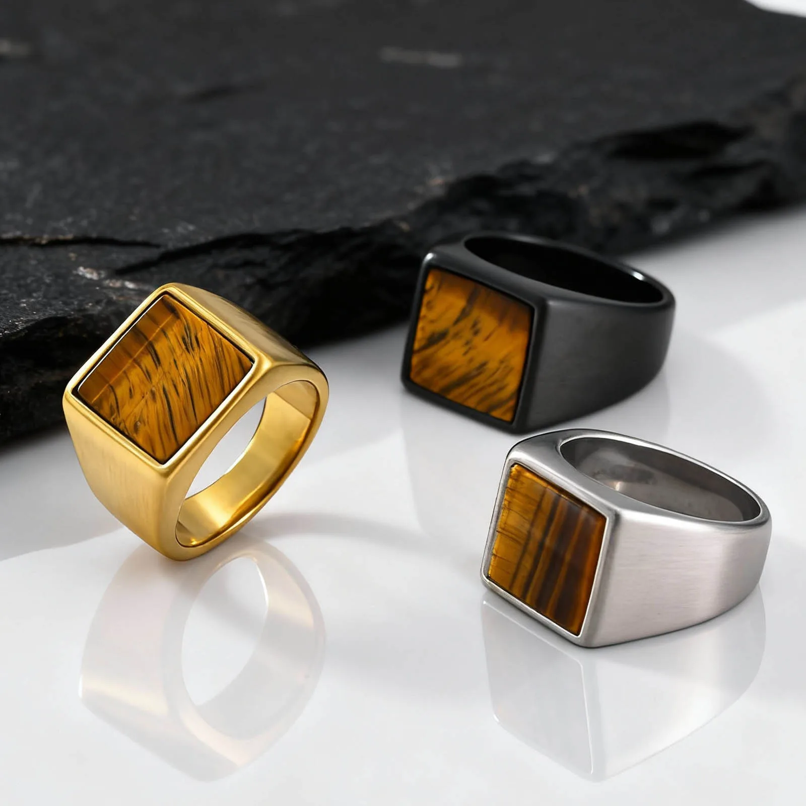 Tigerauge-Steinring für Männer und Jungen, Edelstahl-Siegelring mit braunem Naturstein, quadratischer Ring, stilvolles Party-Schmuckgeschenk