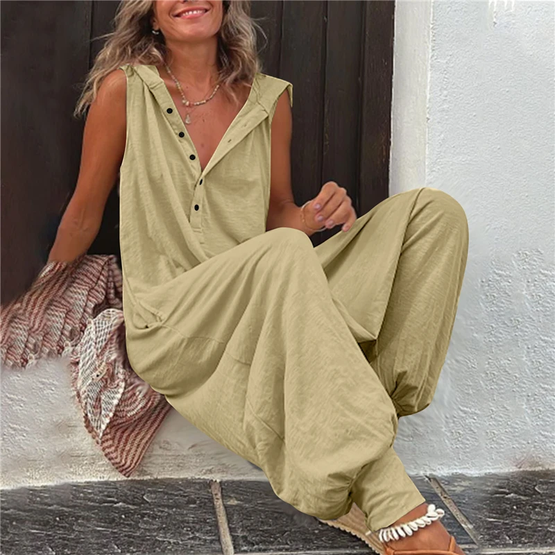 2023 Women Clothes Casual Streetwear Oversize Y2K Hooded Overalls Romper Summer Vintage Sleeveless Pockets Cotton Linen Jumpsuit