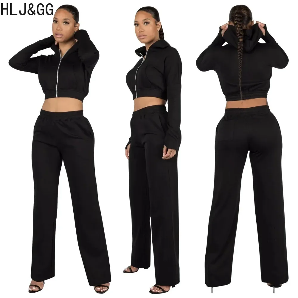 HLJ&GG Black Casual Hooded Wide Leg Pants Two Piece Sets Women Zipper Long Sleeve Crop Top + Pants Tracksuit Female 2pcs Outfits maple leaf pattern men s summer suit 3d printing maple leaf men s tracksuit 2pcs black tracksuit xxs 6xl o neck all match