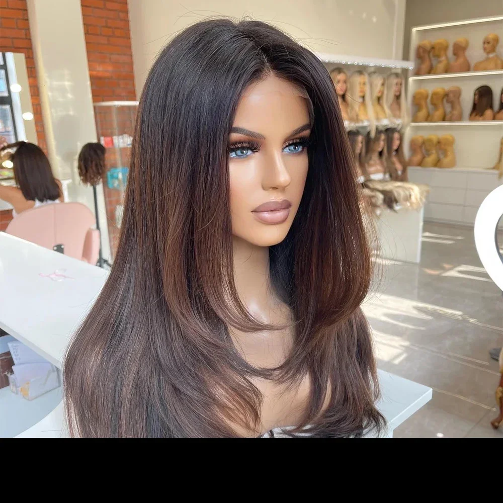 26inch 180%Density Ombre Brown Long 5x5 Silk Base Straight Jewish Human BabyHair HD Lace wig European Hair Preplucked Glueless