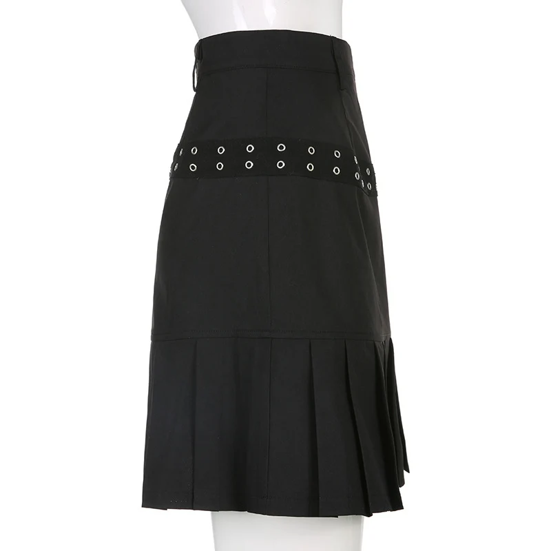 Slim  Fashion Rivet Solid Color Black Gothic High Waist Women Casual Vintage Mini Skirt A-line Skirts Young Girl Pleated Skirt mini skirts for women