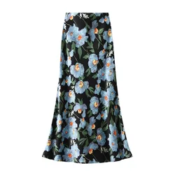Women's Elegant Floral Print Satin Long Skirt - Trendy Vacation Style - M (Blue)