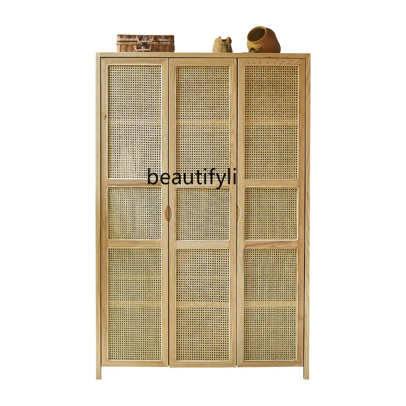 

Nordic Solid Wood Wardrobe Modern Minimalist Locker Home Bedroom Storage Cabinet Rattan Wardrobe