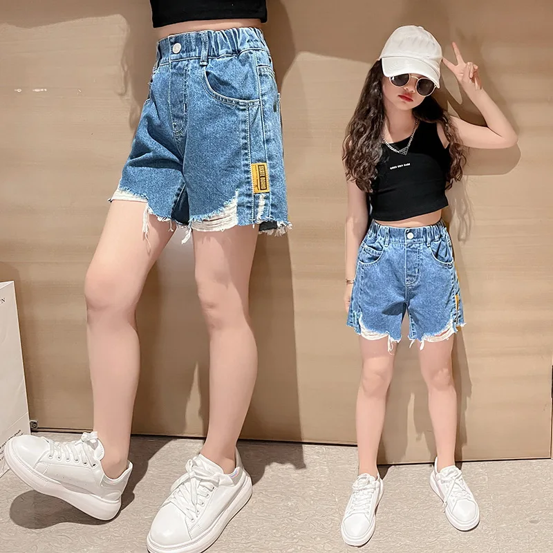 

Big Girls Denim Shorts 5 To 14 Years Summer Short Ripped Broken Jeans Solid Cotton 2023 New Fashion Teenager Kids School Clothes