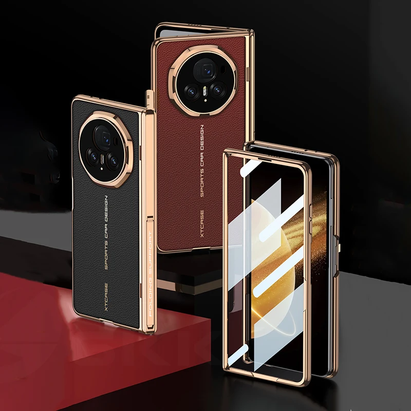 Luxury Plating Leather Screen Glass Case For Honor Magic V3 Magnetic Hinge Brack