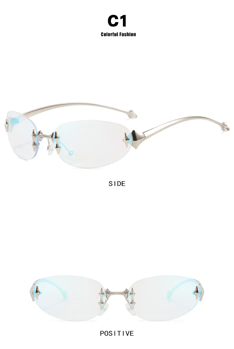 Y2K rimless elliptical fashion sunglasses with tinted lenses