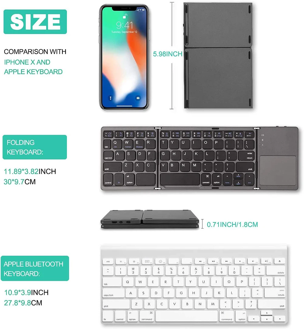 Wireless Bluetooth Keyboard Portable Mini Three Folding Foldable Touchpad Keypad for IOS Android Windows ipad Tablet Laptop