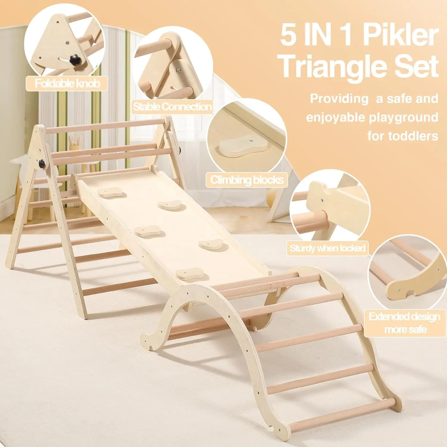 Medium Foldable Pikler Triangle Set with Sliding Ramp & Climbing Arch Ramp, 5-in-1Wooden Toddler Climbing Toys indoor 5