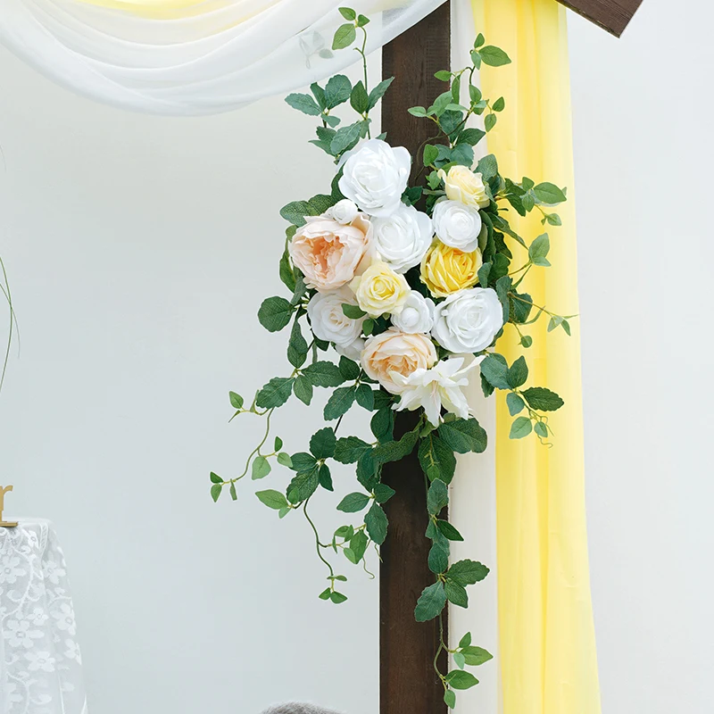 Yellow and White Floral Hanging Arrangement with Greenery – Wedding and Event Decor Prop