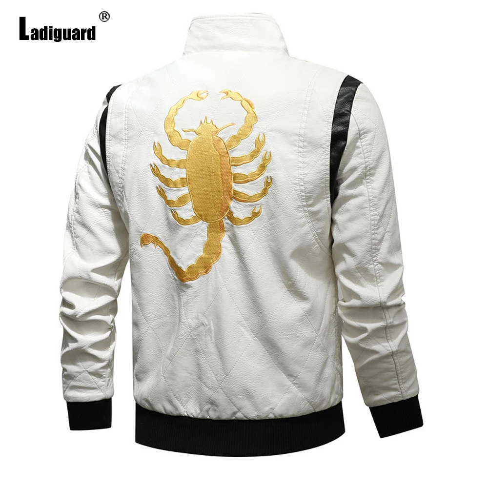 

Ladiguard 2024 Winter Fuax Pu Leather Jackets Slim Fashion Motocycle Jean outerwear lobster print Denim Jacket Men's Hoodies