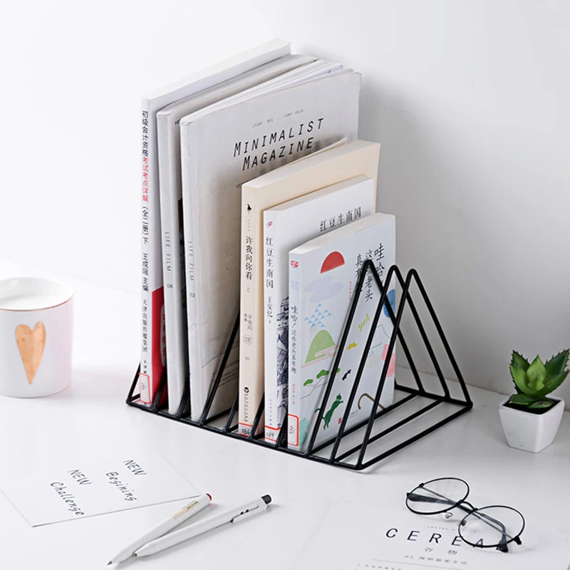 

Nordic Bookends Iron Creative Triangle Bookshelf Record Rack Triangle Magzine Book Desk Accessories Record Storage Organizer