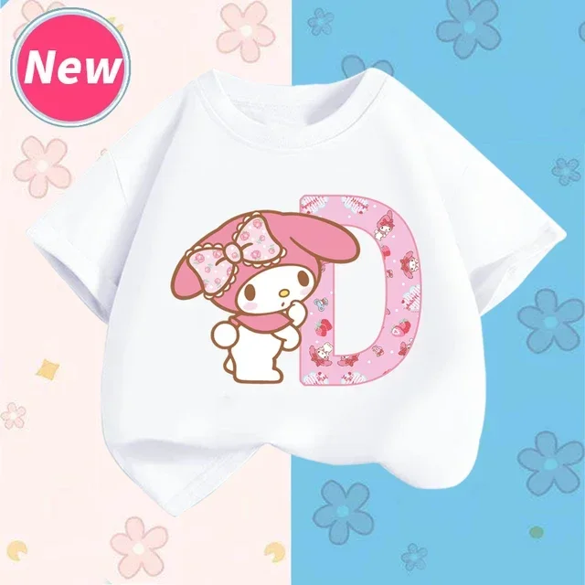 thumbnail image 1 of Camiseta de manga corta para niños con letras de la A a la Z de My Melody Anime, camiseta de algodón de verano para niños de Sanrio, regalo de cumpleaños kawaii suave con forma de corazón para niñas, 1 of 5