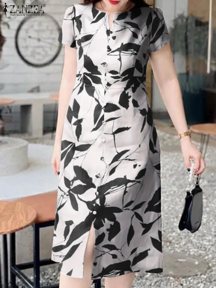 

ZANZEA 2024 Summer Slit Hem Long Robe Women Casual Midi Dress Holiday Leaves Print Sundress Vintage Short Sleeve Dresses Fashion