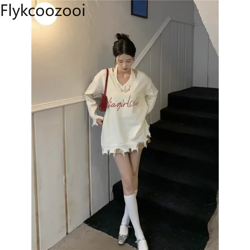 

Women's Sweaters Letter V-Neck Irregular Bottom Sweater+Lace Up Halter Tank Tops Spicy Girls Knitted Two Pieces Lady's Clothing
