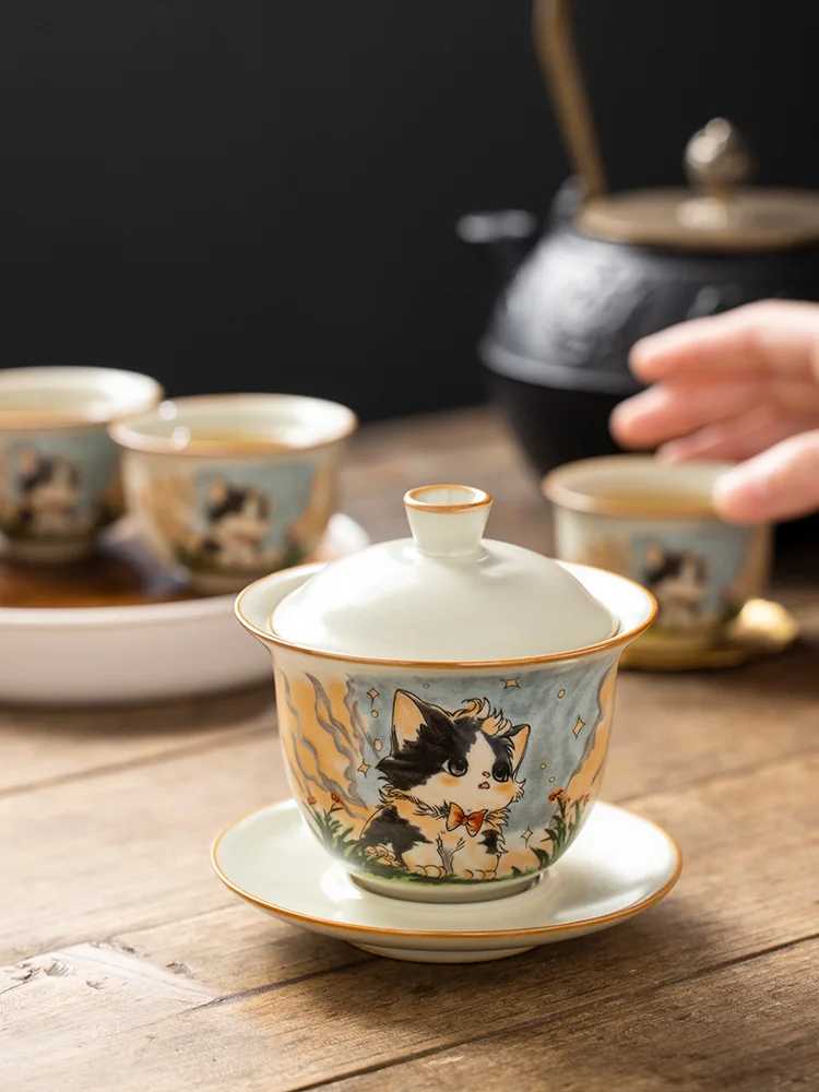 High-quality Retro Ru Kiln Cute Cat Tea Tureen Ceramic Sancai Cover Bowl Tea Maker Gaiwan Can Raise Kung Fu Teaware