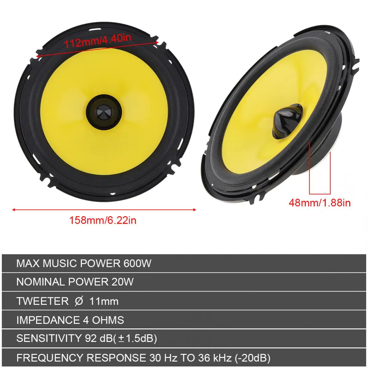 Car Tweeter Speakers 2pcs 6 Inch 600W Car Speaker Full Range Frequency Auto Audio Heavy Mid-bass Modified Speakers Non-destructive Installation