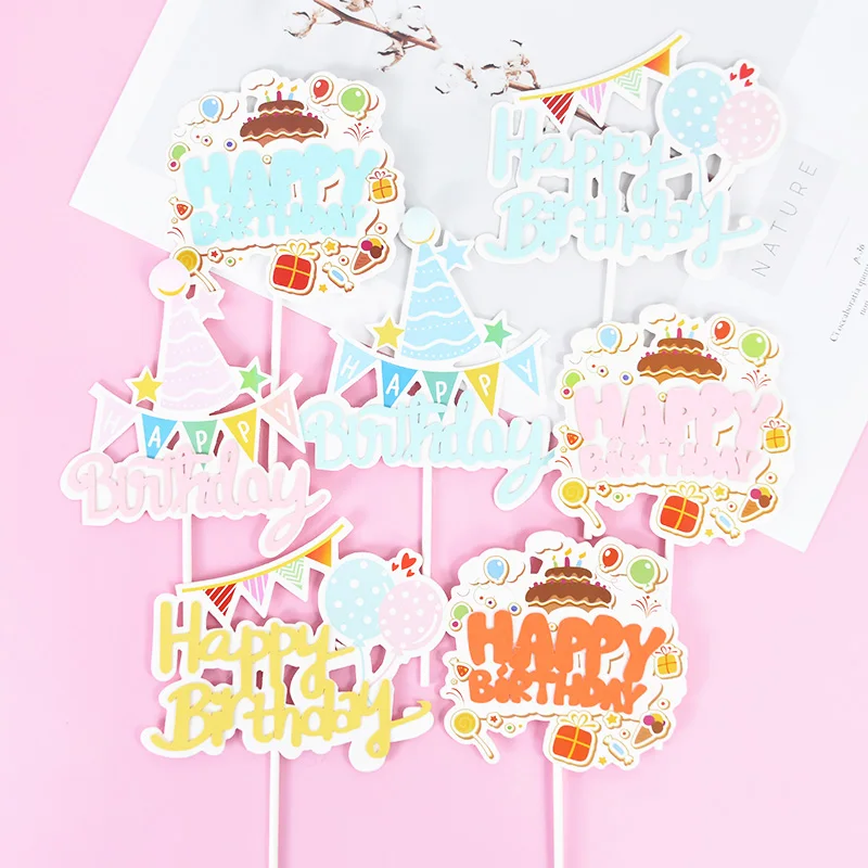 

5pcs Happy Birthday Cake Topper Pink Blue Paper Cake Insert Decor Supplies Party Cake Flag Baby Shower Dessert Accessories Tools