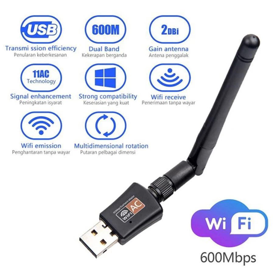 Dual Band 600Mbps USB wifi Adapter 2.4GHz 5GHz WiFi with Antenna PC Mini Computer Network Card Receiver 802.11b/n/g/ac