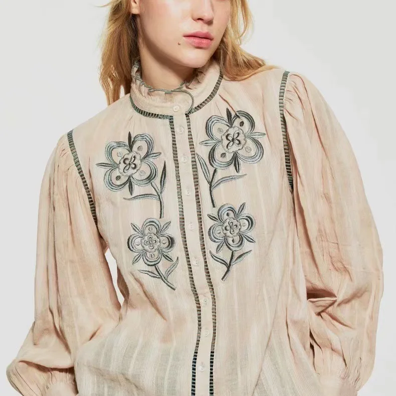 

Buttoned Shirt For Women French Retro New Chinese Style Lace Stand Collar Embroidered Puff Sleeve 2024 New Spring Summer Vintage
