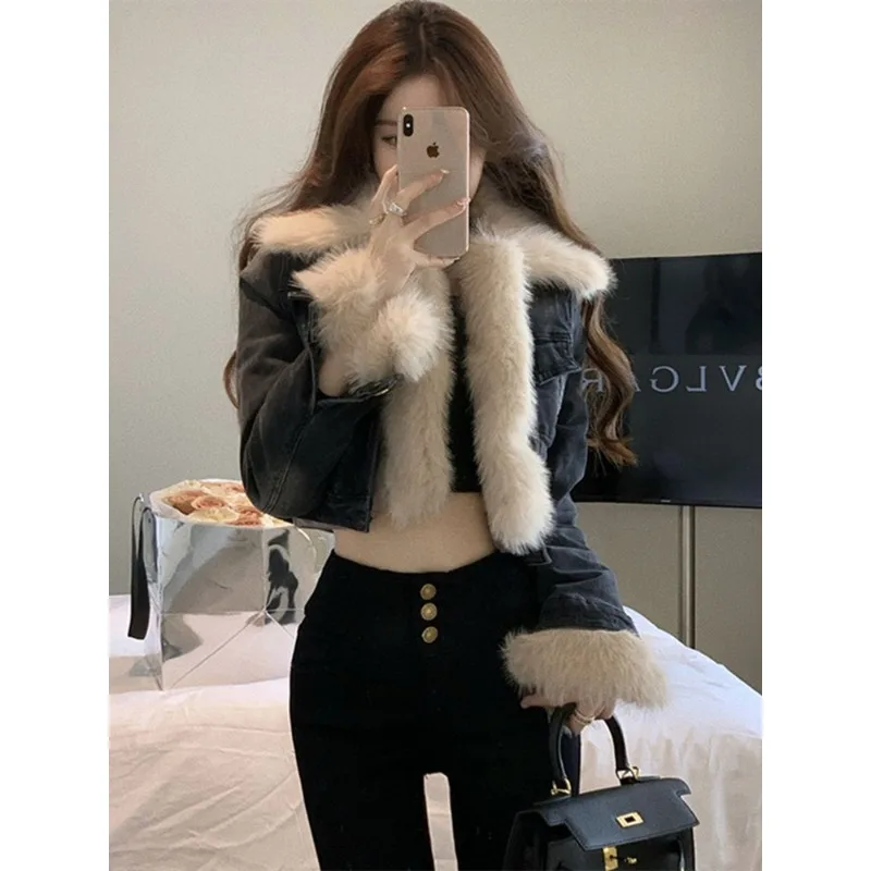 Women's Fur Collar Jacket, Temperament Short Denim Coat, Female Casual Outerwear, Versatile, Niche Design, Winter, New Design