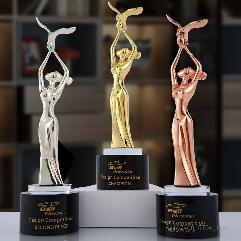 Custom Creative Metal Trophy Dance Event Award Home Decor Sculpture Zinc Alloy Gold, Silver, Copper Bottom, Black Crystal Trophy