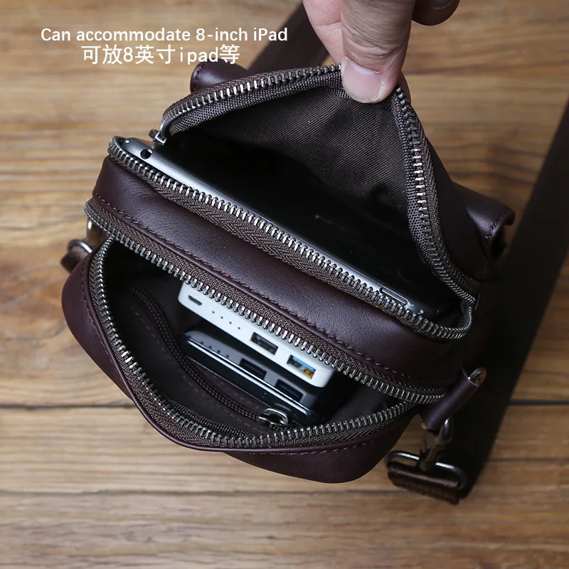 NZPJ Vintage Genuine Leather Men's Shoulder Bag Natural Cowhide Crossbody Bag Casual Small Backpack Suitable for 8-inch iPad