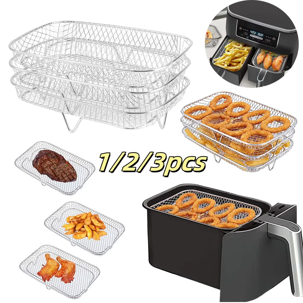 Air Fryer Rack 1/2/3pcs Air Fryer Rack Stackable Grilling Stainless Steel Square For Oven Grill Steamer Cooker BBQ Kitchen Gadgets Cooking Tool