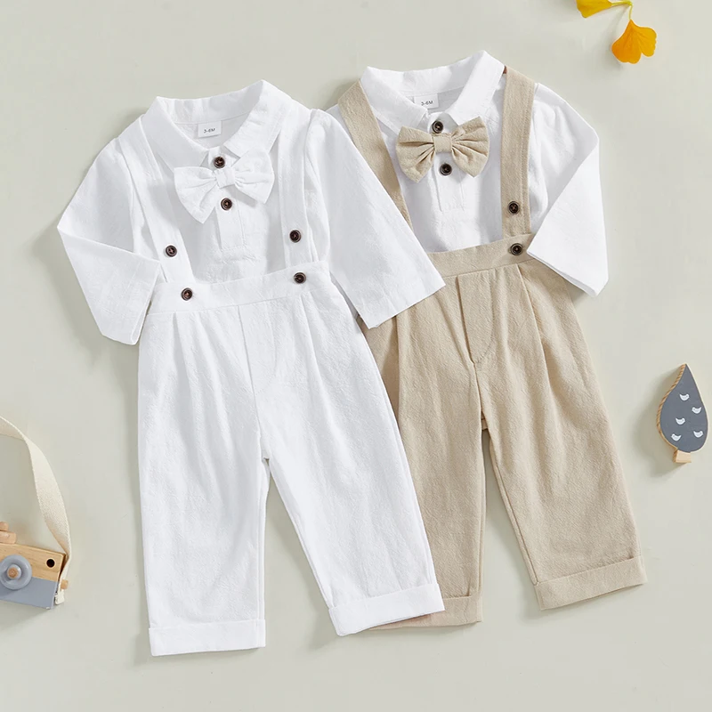 Baby Boy Gentleman Outfit Autumn Lapel Neck Long Sleeve Romper with Bowtie Elastic Waist Suspender Pants for Wedding Stage