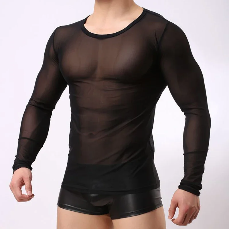 Men Undershirt Sexy Mesh Transparent Sheer Shirts Long Sleeves Slip Homme T Shirts Ondergoed Hemd Gay Top Tee Underwear Clubwear