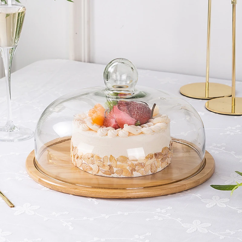 Creative Transparent Glass Food Covers Cake Glass Cover With Wood Tray Food Dessert Dust-proof Protective Cover Dia 24/26/29cm