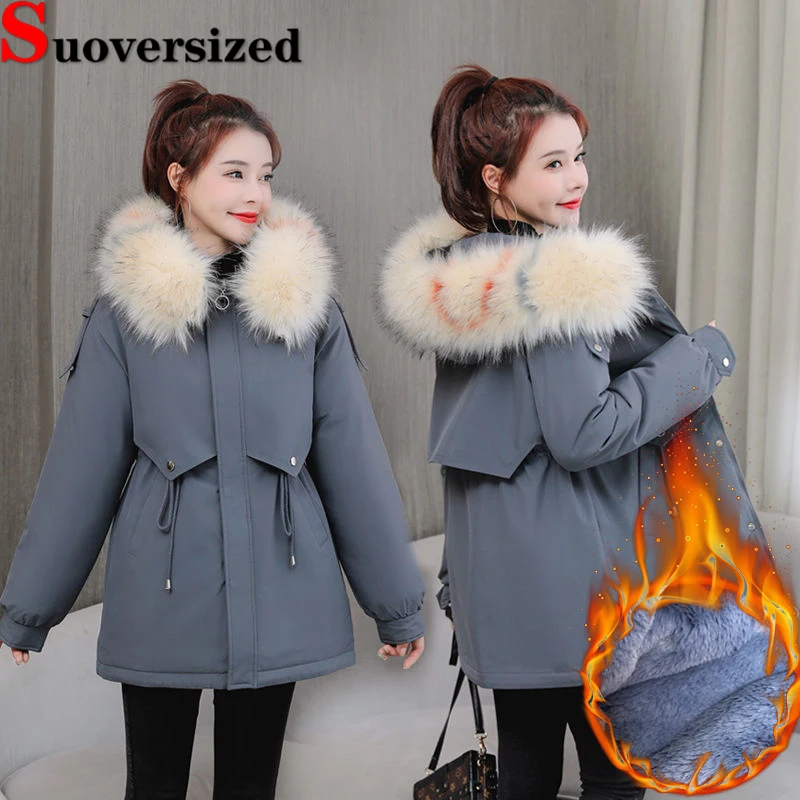 

Oversized 4xl Winter Plush Lined Parka Faux Fur Collar Hooded Cargo Jackets Thicken Warm Women Abrigos Korean Shirring Chaquetas