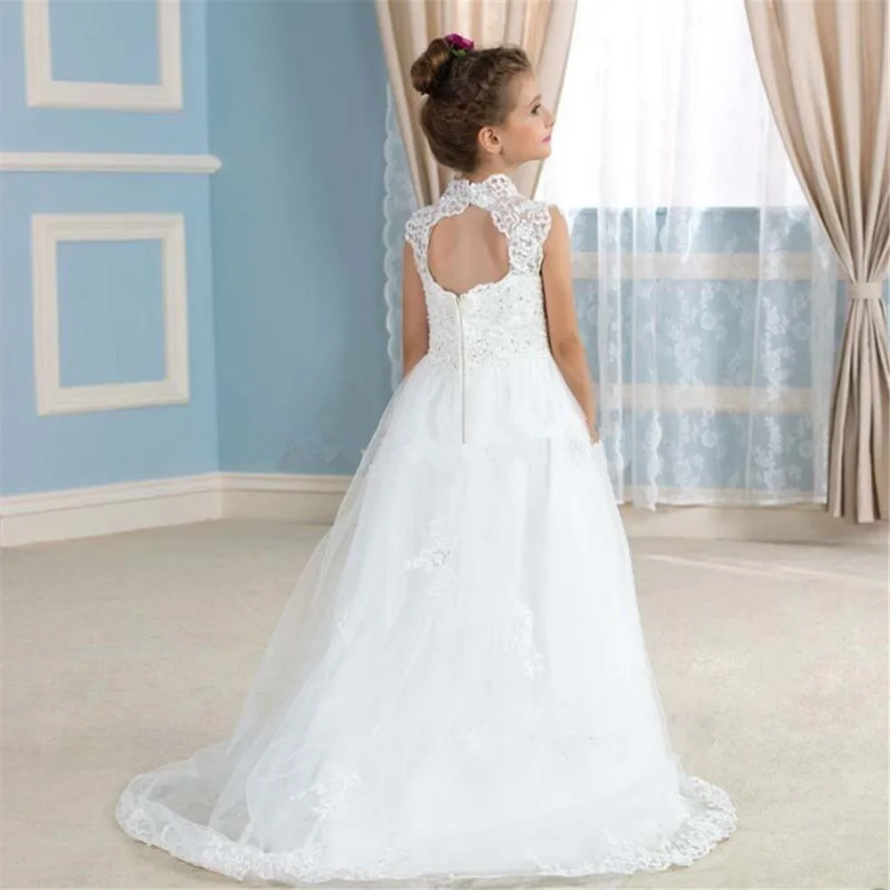 

Flower Girl Dresses Champagne Tulle Pattern Sequin With Tailing Short Sleeve For Wedding Birthday Party Banquet Princess Gowns