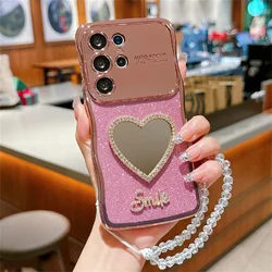 Love Heart Makeup Mirror Shiny Case with Crystal Wrist Chain Cover - Galaxy S23+ (Pink)