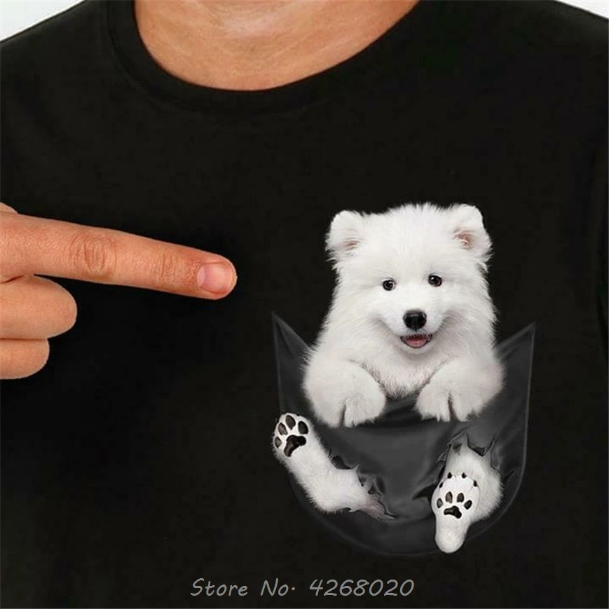 

100% Cotton Cute Samoyed Dog Inside Pocket T-Shirt Dog Lovers TShirt Summer Men Custom Print Tee Shirt Harajuku