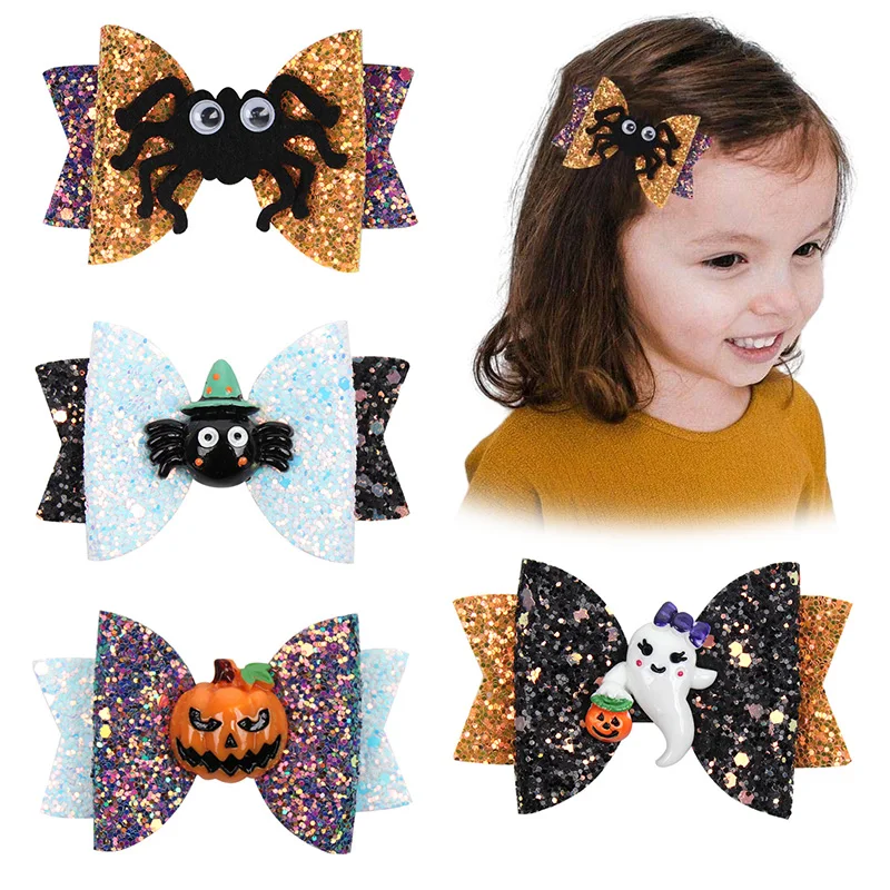 ncmama Fashion Glitter Ghost Hair Bow Clip For Baby Girl Cute Halloween Spider Pumpkin Hairpin Cosplay Headwear Hair Accessories