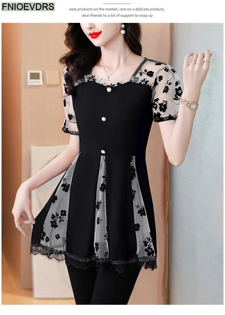 Hot Sales Autumn 2024 Women European Fashion Elegant Black Shirt Sheer Mesh Ruffles Casual Tunic Belly Peplum Tops And Blouses