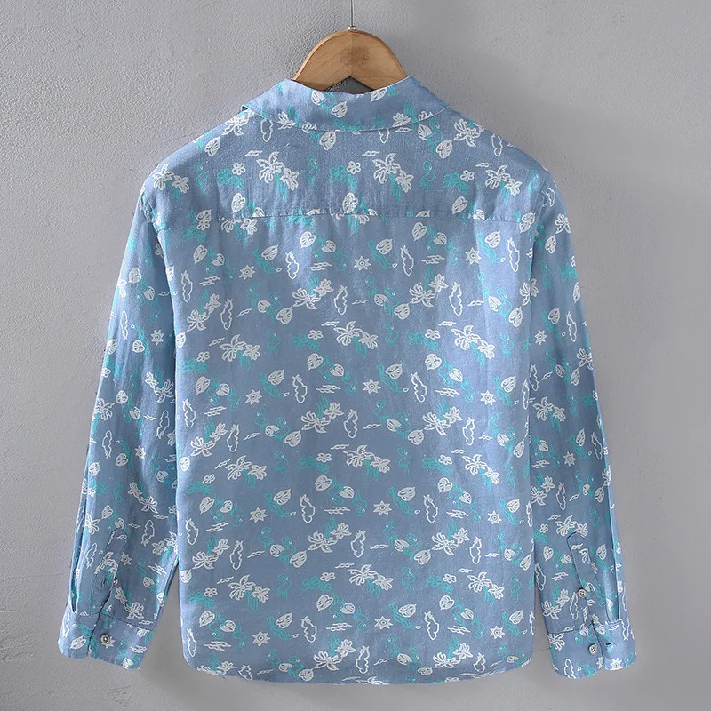 Retro Spring Summer New Printed Floral Men's Linen 100% Business Casual Shirts For Men High Street Loose Thin Clothes Tops