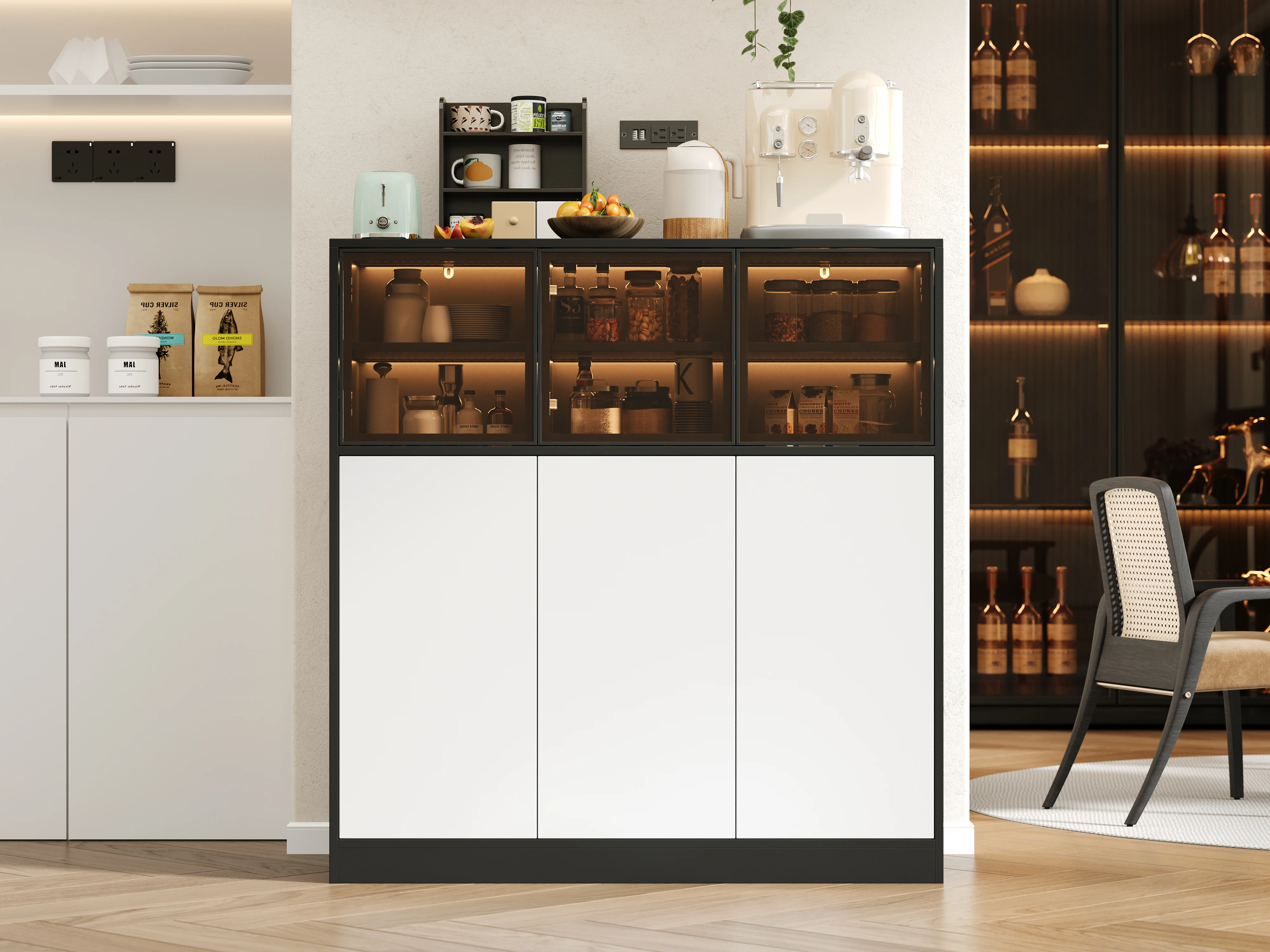 PINGGO Sideboard Aufbewahrungsschrank Küchenbuffet mit Beleuchtung 6 Türen (3 Glas+3 Weiß) für Wohnzimmer Esszimmer 100x40x105cm – Detail 1