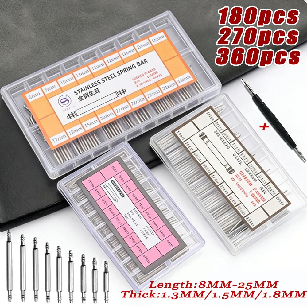 Premium Stainless Steel Spring Bars Assortment for Watchband Repair (180 Pieces)