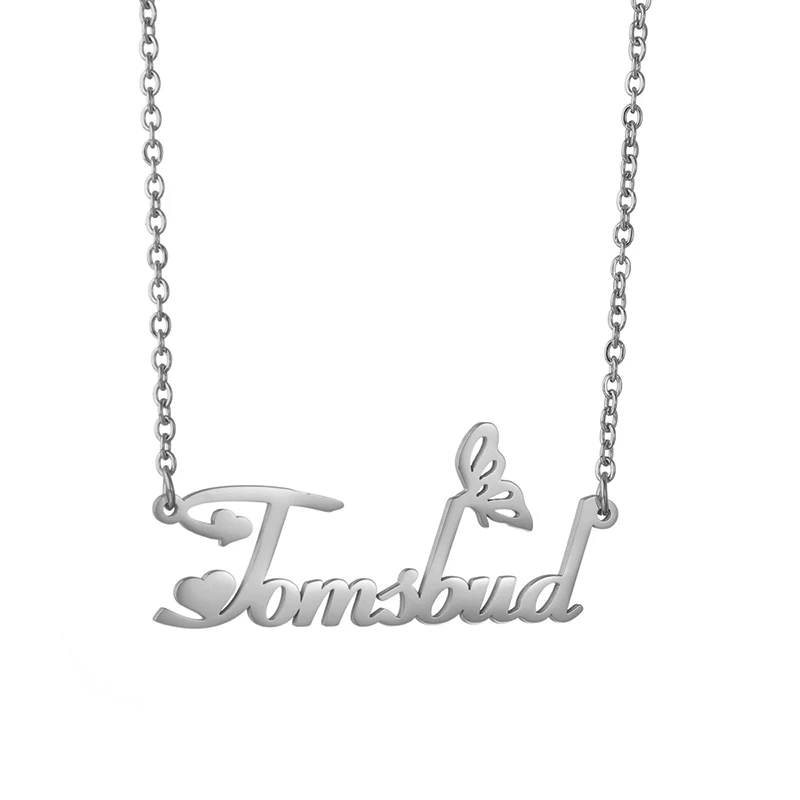 Auxauxme Stainless Steel Custom Name Necklace for Women Heart Butterfly Nameplate Choker Jewelry Gift Dropshipping Wholesale