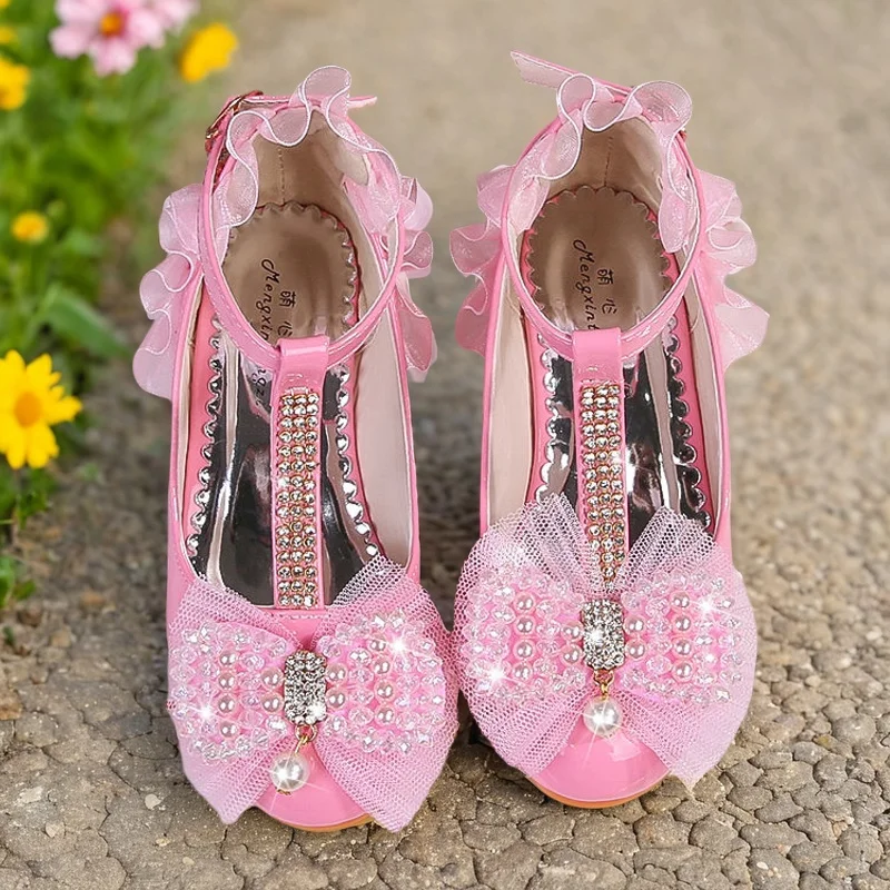ULKNN Children Party Leather Shoes Girls PU Low Heel Lace Flower