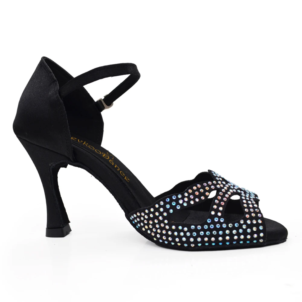 

2022 DIY Rhinestone Dance Shoes Professional Latin Dance Heel 9CM Black Lady Dance Shoes Soft Samba Rumba Cha Cha Dancing Shoes