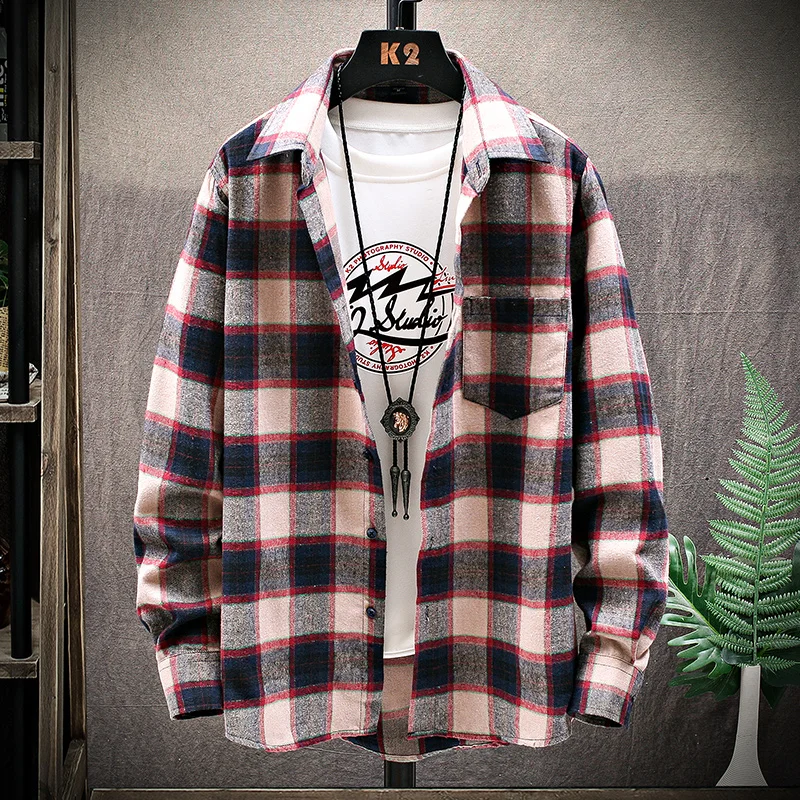 Spring and Autumn New Men's Turndown Collar Spliced Button Pocket Fashion Loose Versatile Long Sleeve Casual Checkered Shirt