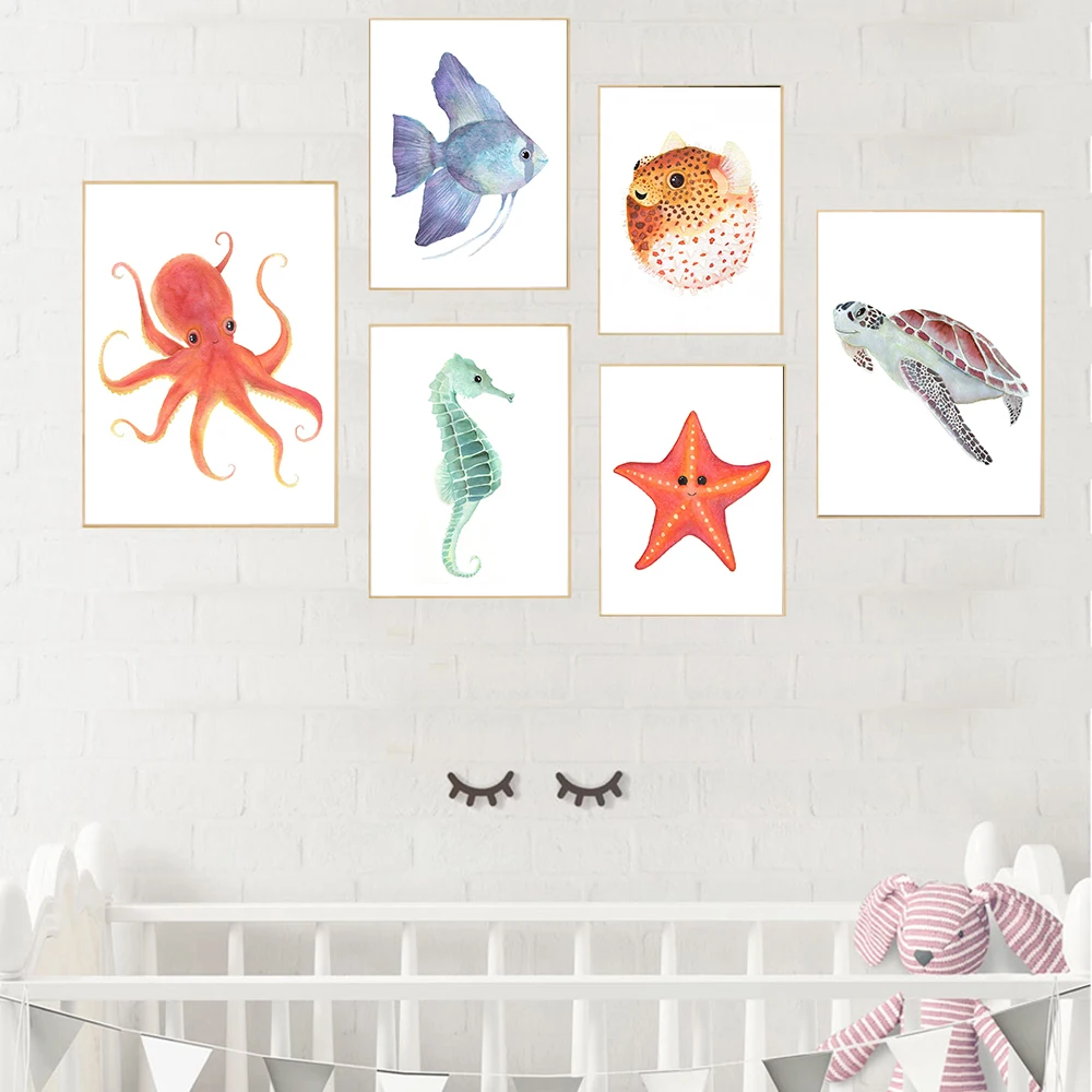 

Sea Animal Poster Cartoon Nursery Canvas Painting Starfish Art Print Tropical Angelfish Wall Picture Kids Living Bedroom Decor