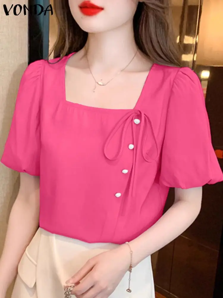 

VONDA Women Elegant Blouse 2024 Summer Tops Sexy Square Collar Shirts Casual Solid Color Tunic Bandage Fashion Blusas Femininas