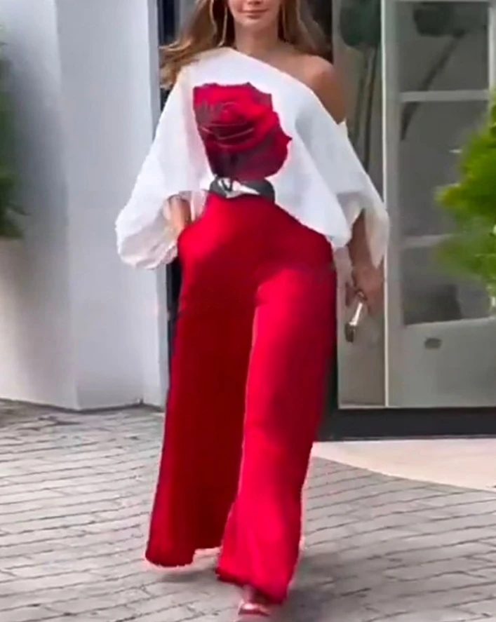 Pretty Girl 2024 New Rose Print Lantern Sleeves Diagonal Collar and Casual Pocket Design Wide Leg Pants Set