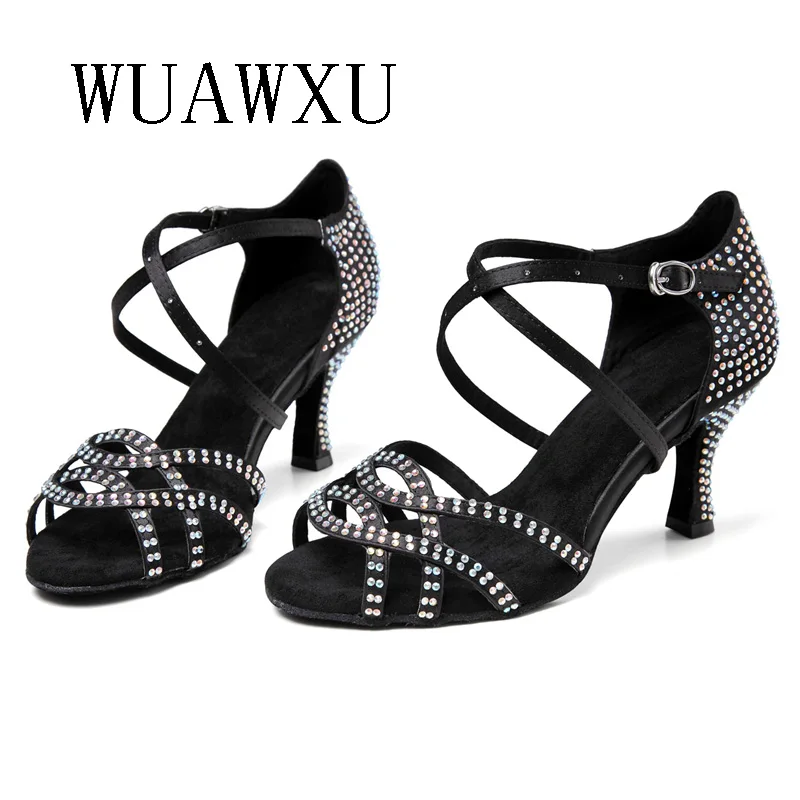 NATASHA New Latin Dance Shoes Satin Hot Diamond Sandals Dance Soft Sole Medium High Heels Indoor National Standard Double Dance