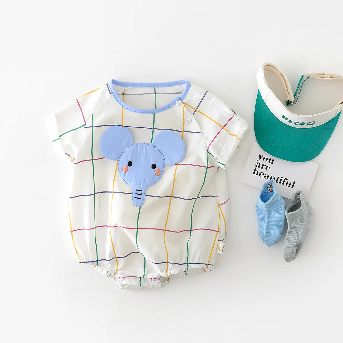 

2023 Summer Baby Clothes Cute Cartoon Newborn Baby Boy Elephant Bodysuits Short Sleeve Color Plaid Jumpsuit Infant Girl Clothes